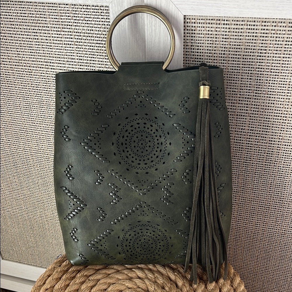 Green Leather Cutout Tote Bag with Tassel